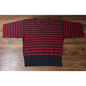 New York & Company Short Sleeve Sweater Knit Top Striped Red/Gray Shirt Womens M